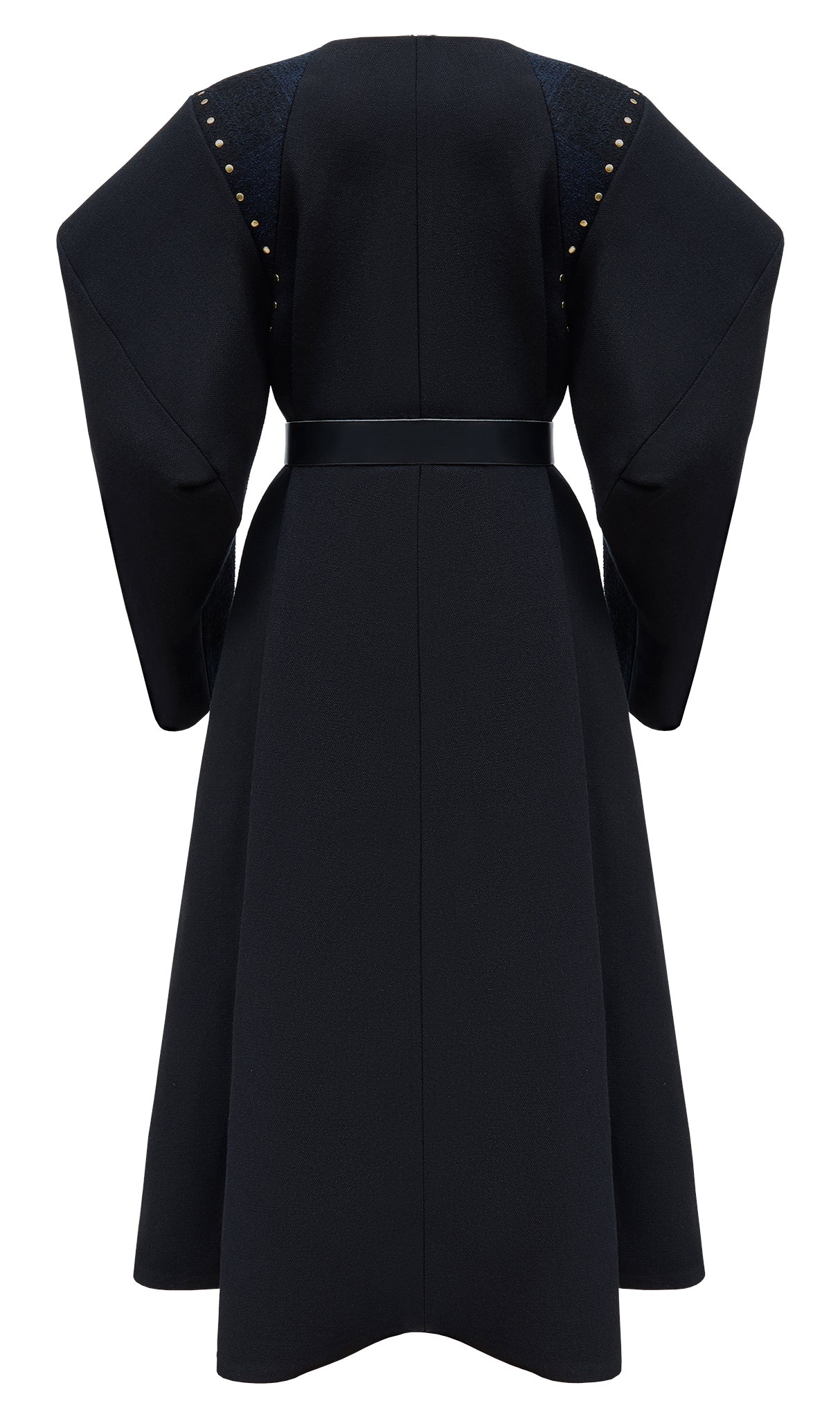 Cimone's 3/4 length Broad” coat, boasts a custom-built extra-wide shoulder and a clean, collarless look. Fabricated here in a black and dark blue tartan wool.