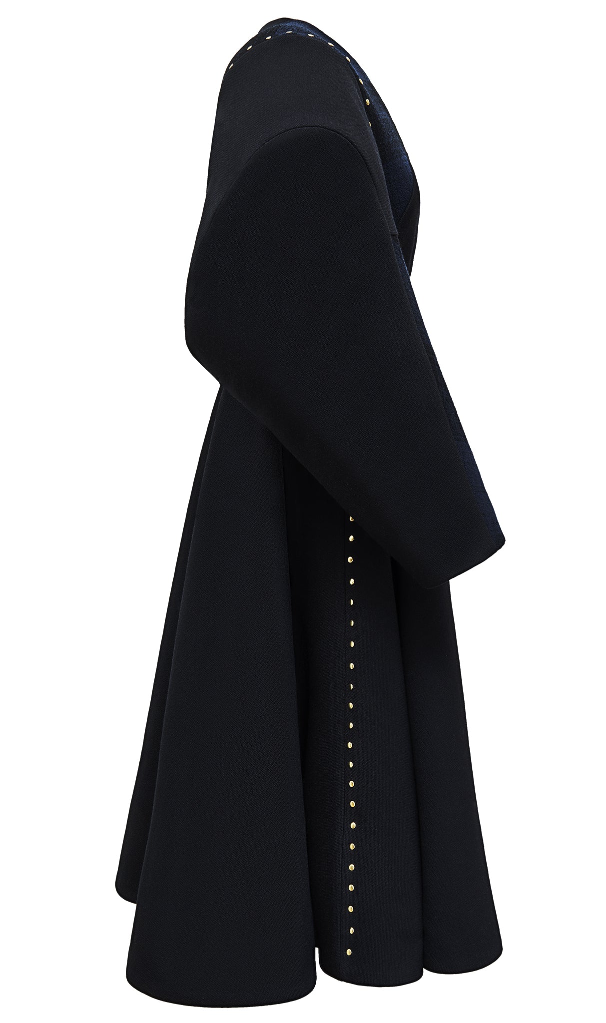 Cimone's 3/4 length Broad” coat, boasts a custom-built extra-wide shoulder and a clean, collarless look. Fabricated here in a black and dark blue tartan wool.