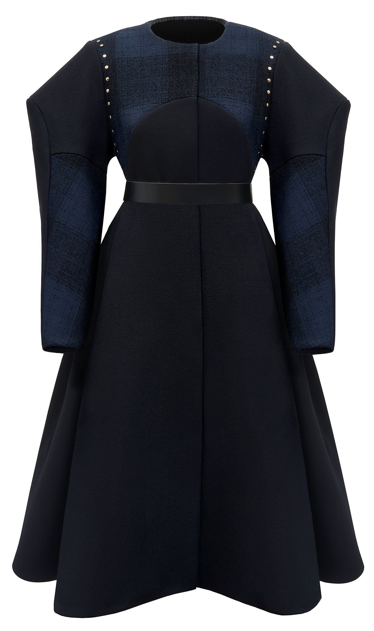 Cimone's 3/4 length Broad” coat, boasts a custom-built extra-wide shoulder and a clean, collarless look. Fabricated here in a black and dark blue tartan wool.