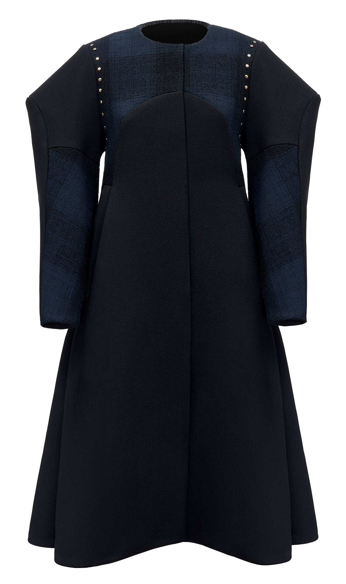 Cimone's 3/4 length Broad” coat, boasts a custom-built extra-wide shoulder and a clean, collarless look. Fabricated here in a black and dark blue tartan wool.