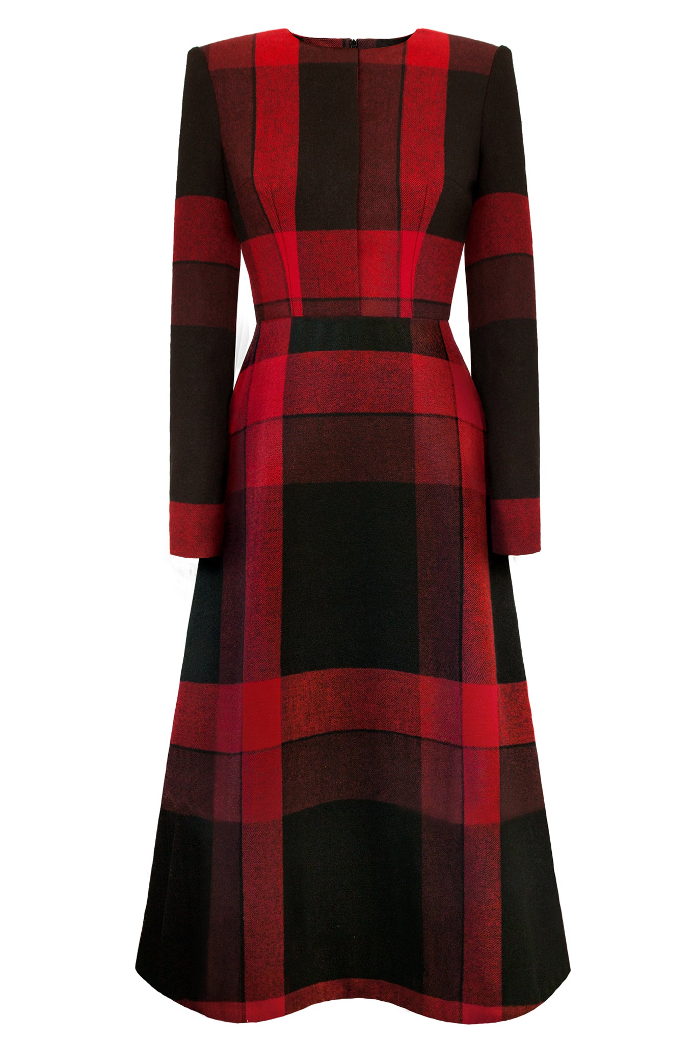 CIMONE AW17 3/4 length red and black wool tartan dress, first seen on the catwalk during London Fashion Week. The perfect statement winter dress.
