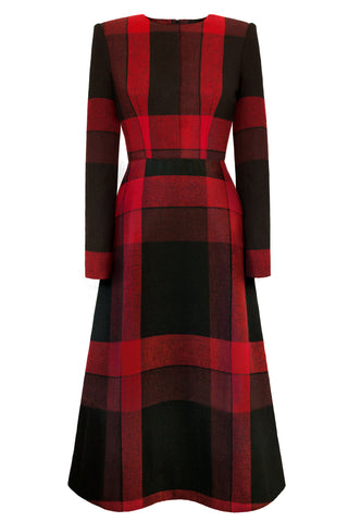 CIMONE AW17 3/4 length red and black wool tartan dress, first seen on the catwalk during London Fashion Week. The perfect statement winter dress.