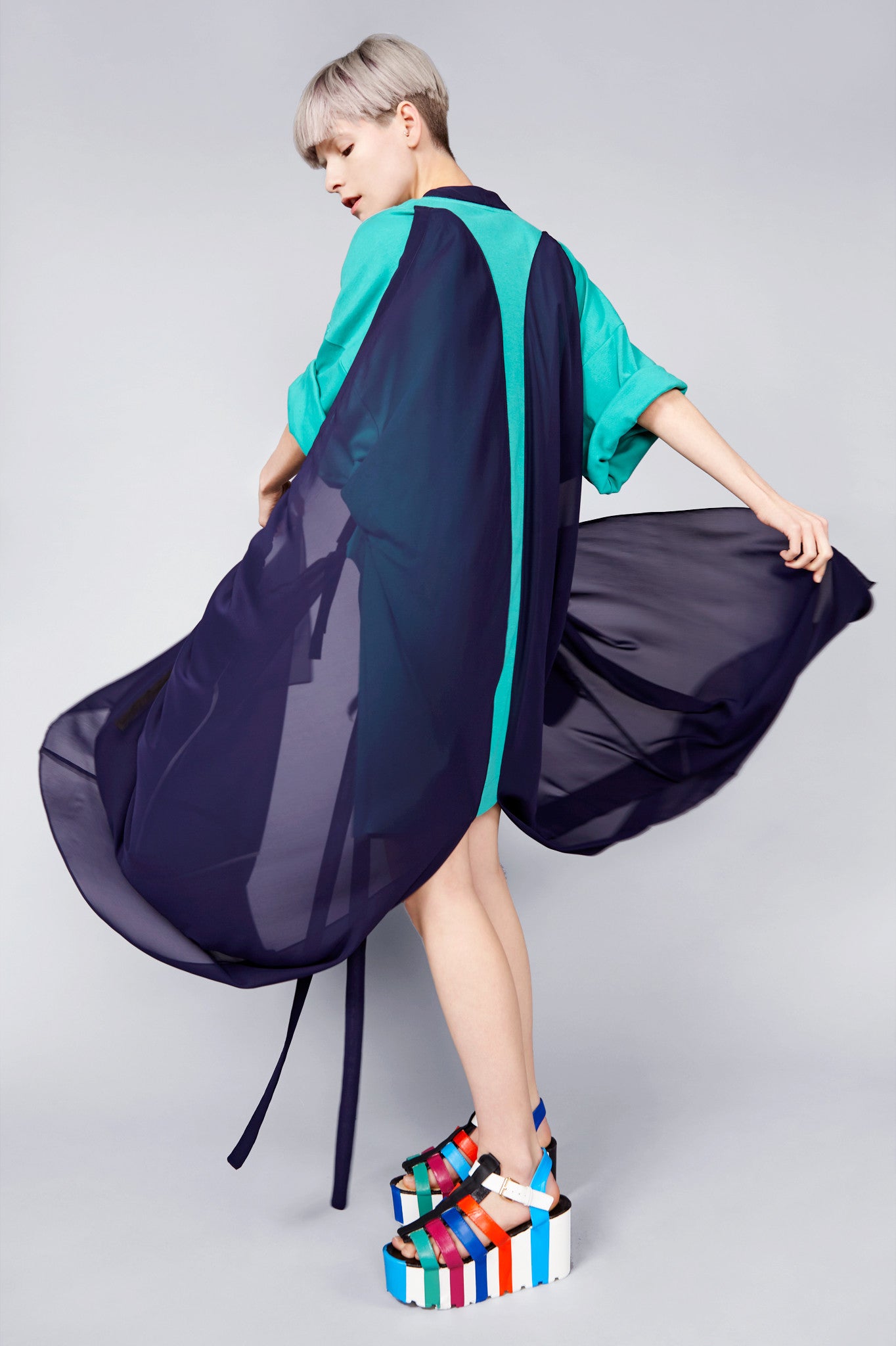 Jade and Navy Blue Jersey ''Cross'' Dress