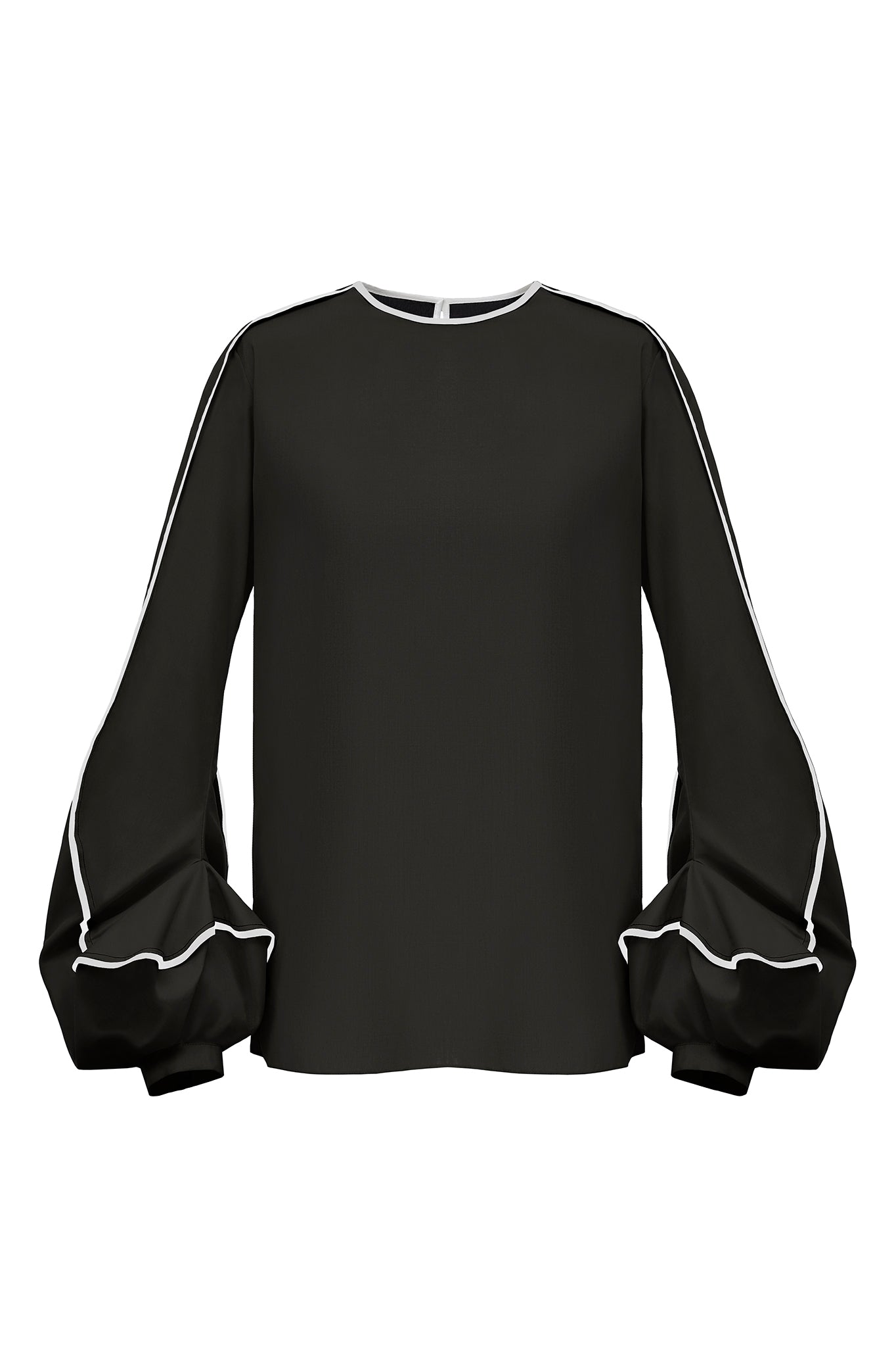 Cimone's AW17 black and white "dew" blouse has an unusual swirling cuff detail - the sleeve is bottom heavy with bound edges to highlight the fluid movement of the seam.