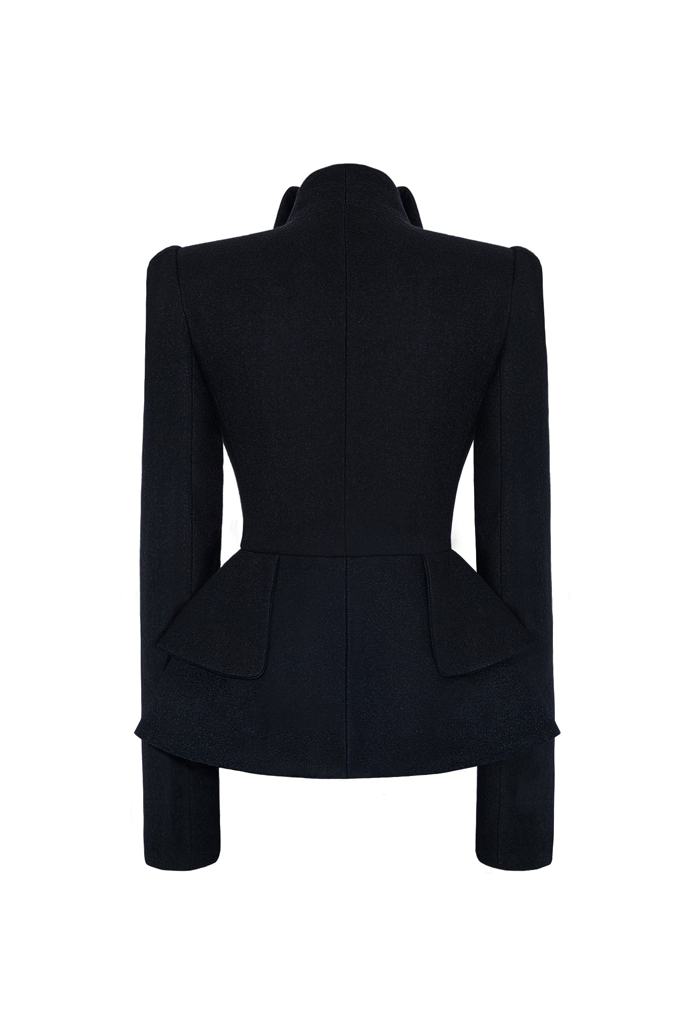 This sculptural suit jacket is fabricated in deep navy blue wool. It features a close fitting form for a structured silhouette, boasting a neat, tailored shoulder line. All of this is perfectly set off by a strong shoulder, achieved with our own hand-crafted shoulder pads, designed to be both comfortable and flattering.