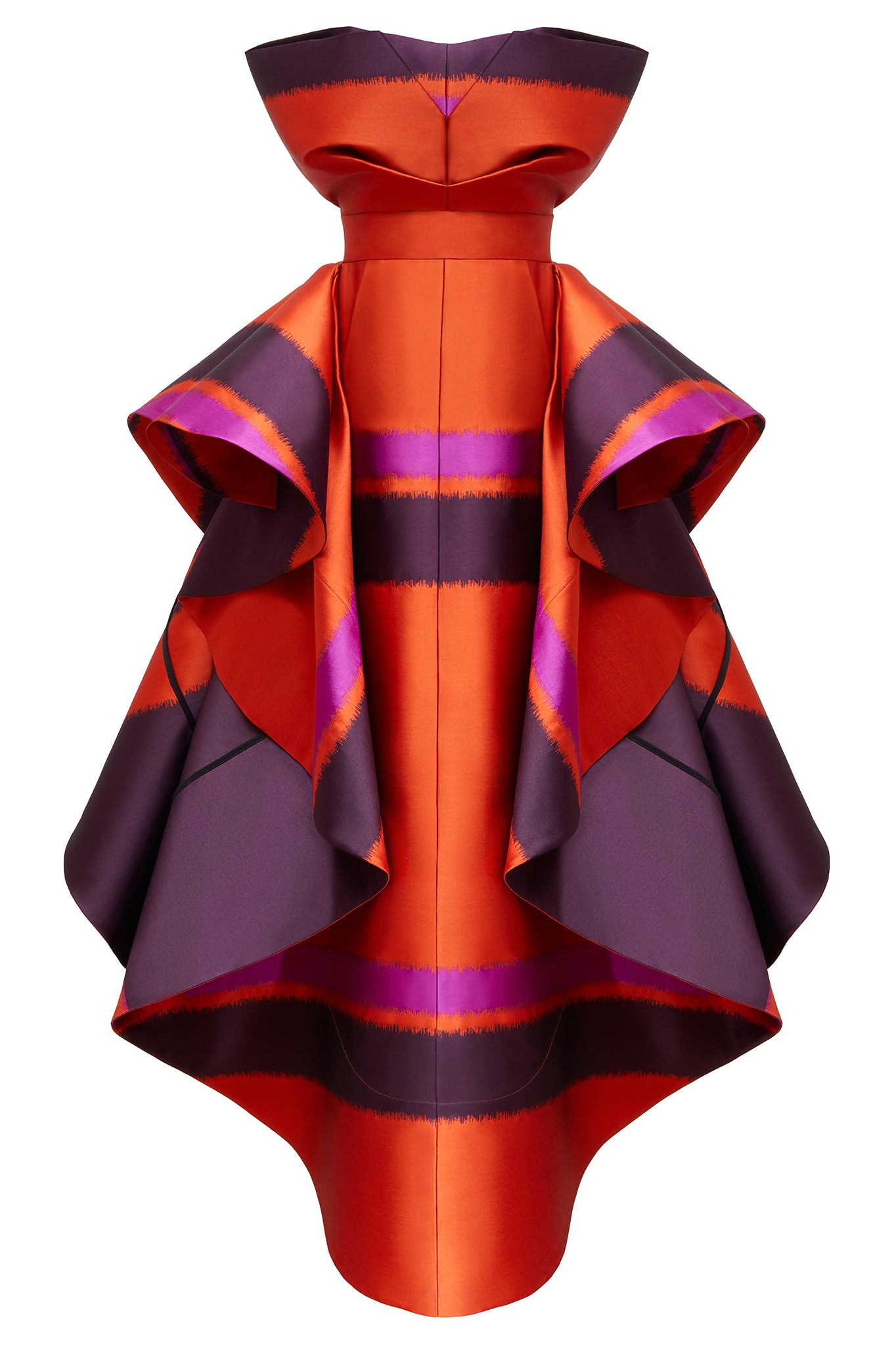 Another feature piece on our AW17 catwalk, this 'erupt' dress is fabricated here in a striped orange, pink and deep purple blended silk, this breathtaking evening / occasion dress is the perfect piece for any event if you want to stand out from the crowd.   Fitted at the waist, and comprising of an internal corset, the 3D drape at the front gives a sculptural element that balances perfectly with the dramatic sides.