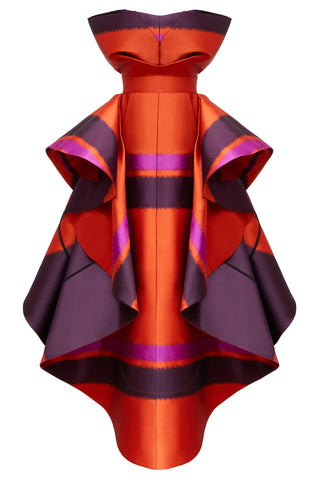 Another feature piece on our AW17 catwalk, this 'erupt' dress is fabricated here in a striped orange, pink and deep purple blended silk, this breathtaking evening / occasion dress is the perfect piece for any event if you want to stand out from the crowd.   Fitted at the waist, and comprising of an internal corset, the 3D drape at the front gives a sculptural element that balances perfectly with the dramatic sides.