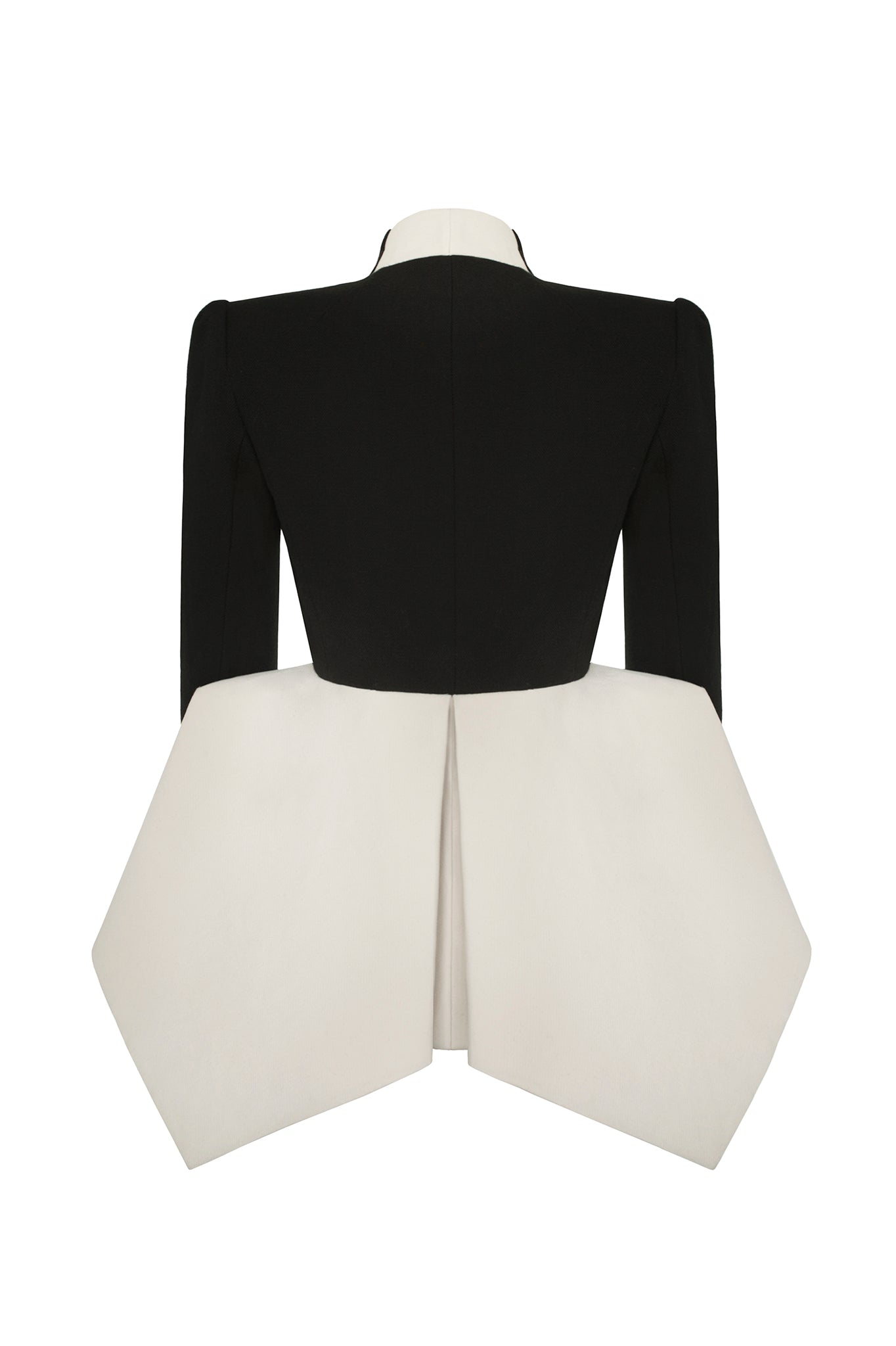 Cimone's 'Garbo' jacket has a close fitting form with a small, neat, shoulder line, brought to life by a gravity defying triangular peplum shape at the hem.