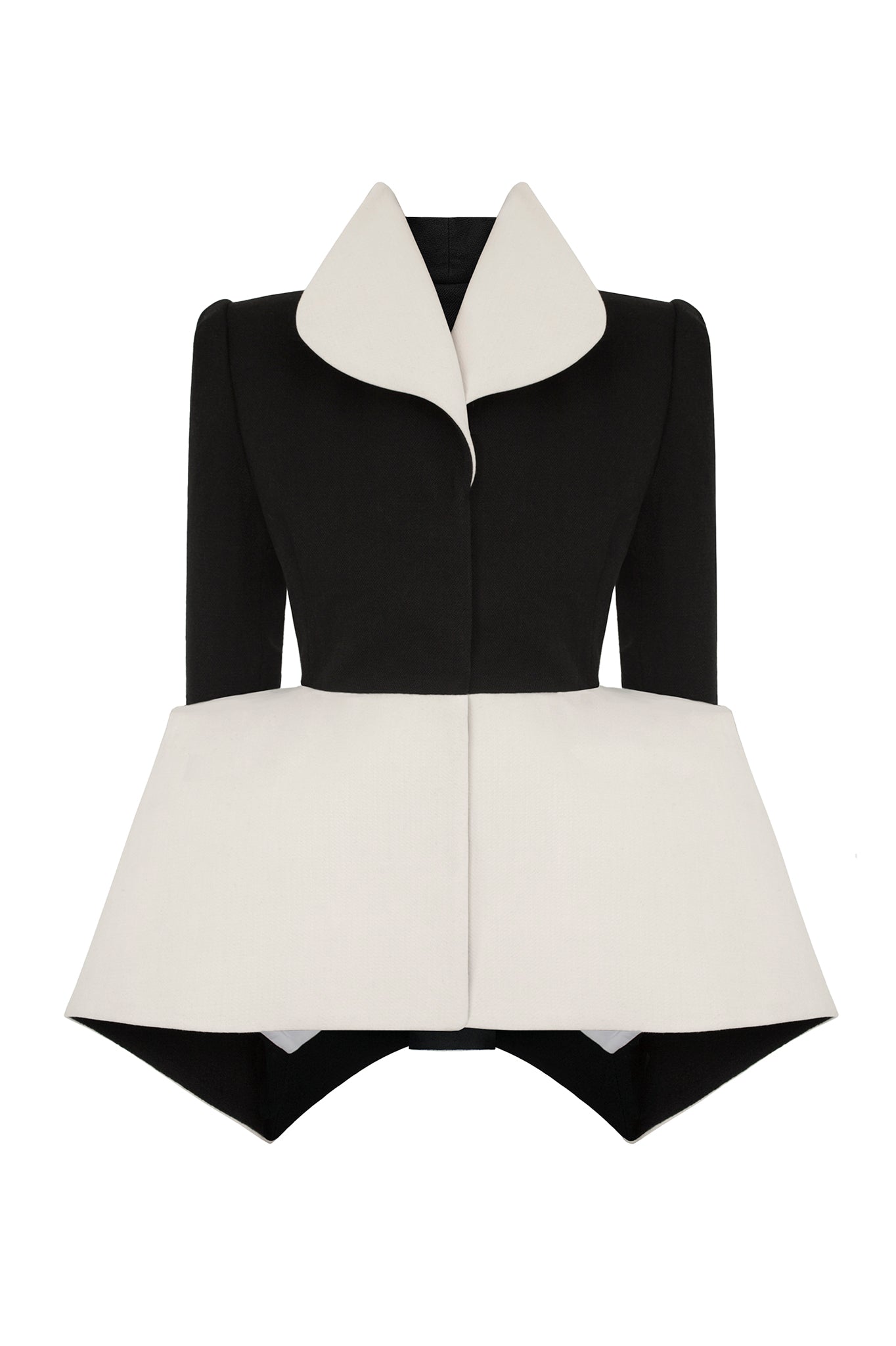 Cimone's 'Garbo' jacket has a close fitting form with a small, neat, shoulder line, brought to life by a gravity defying triangular peplum shape at the hem.