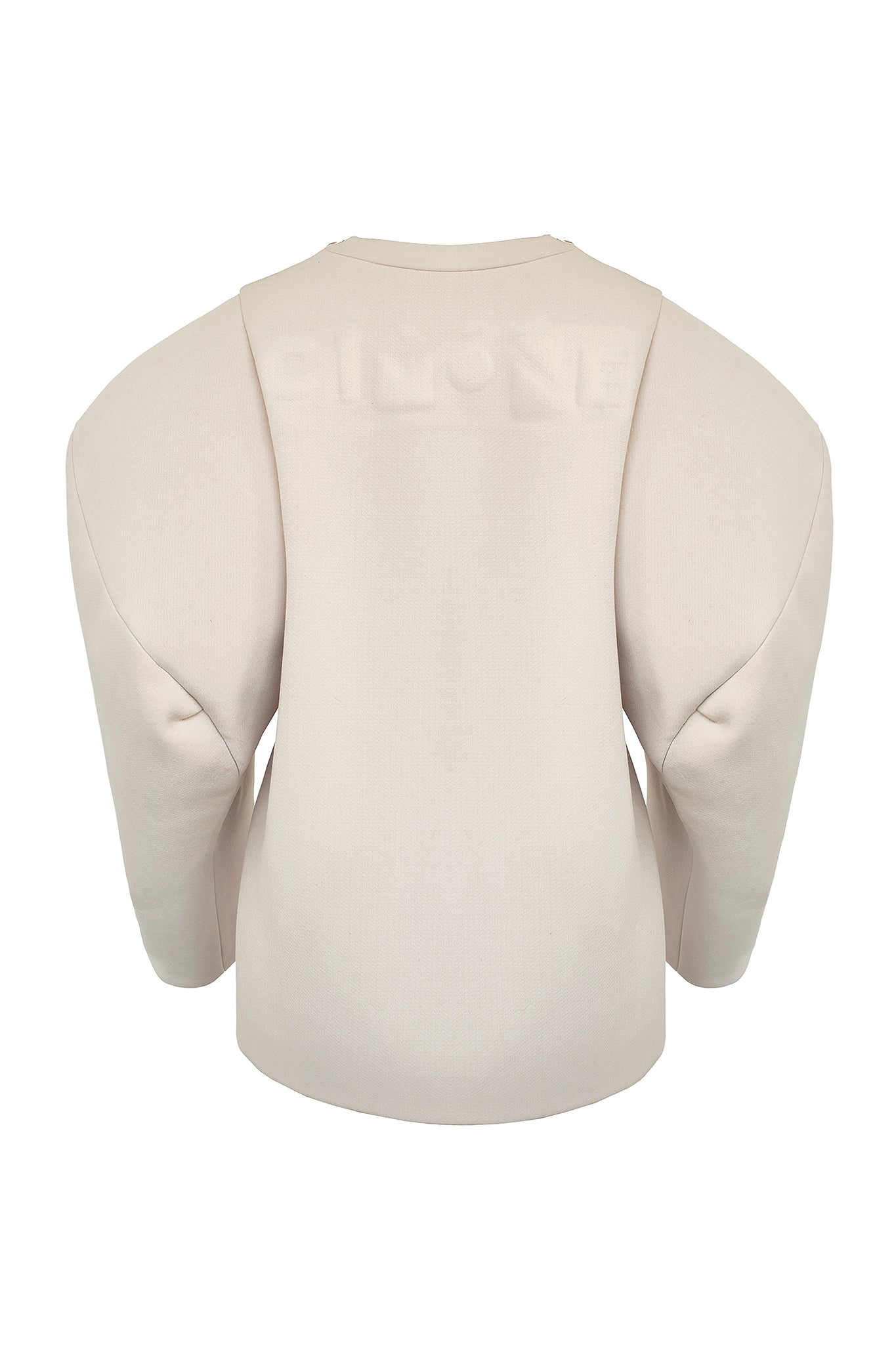 This casual sweatshirt-style top features gigantic exaggerated sleeves with an unusual dropped shoulder line. The colossal shoulders are enhanced by the clean nature of the body, and share the same sleeve construction as the “Extra” coat. The sleeves have been bonded in self, to give them a little more body and sumptuousness.  To close there is a zip in each of the shoulders. The inside is clean with bound seams to finish.