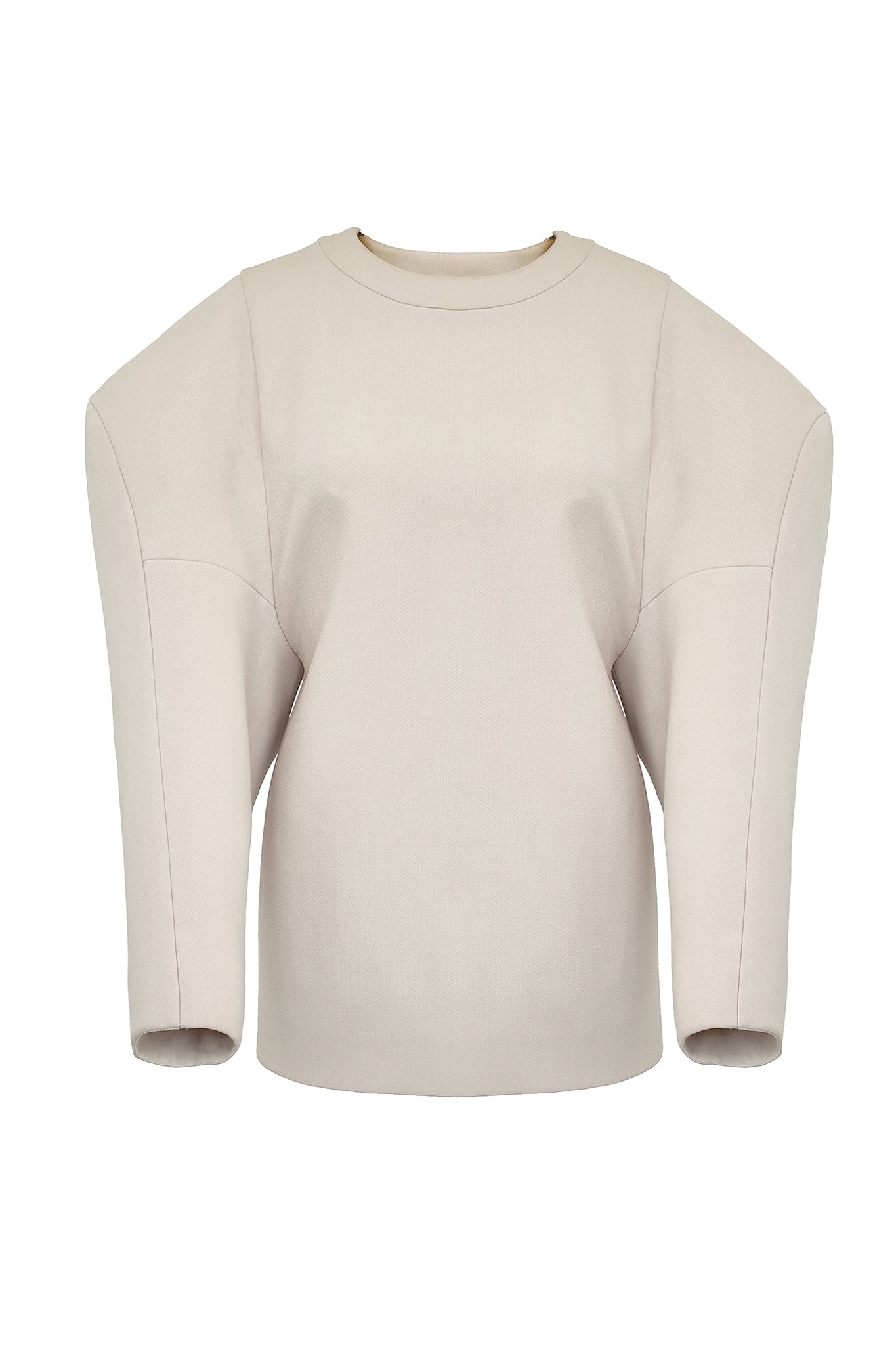 This casual sweatshirt-style top features gigantic exaggerated sleeves with an unusual dropped shoulder line. The colossal shoulders are enhanced by the clean nature of the body, and share the same sleeve construction as the “Extra” coat. The sleeves have been bonded in self, to give them a little more body and sumptuousness.  To close there is a zip in each of the shoulders. The inside is clean with bound seams to finish.