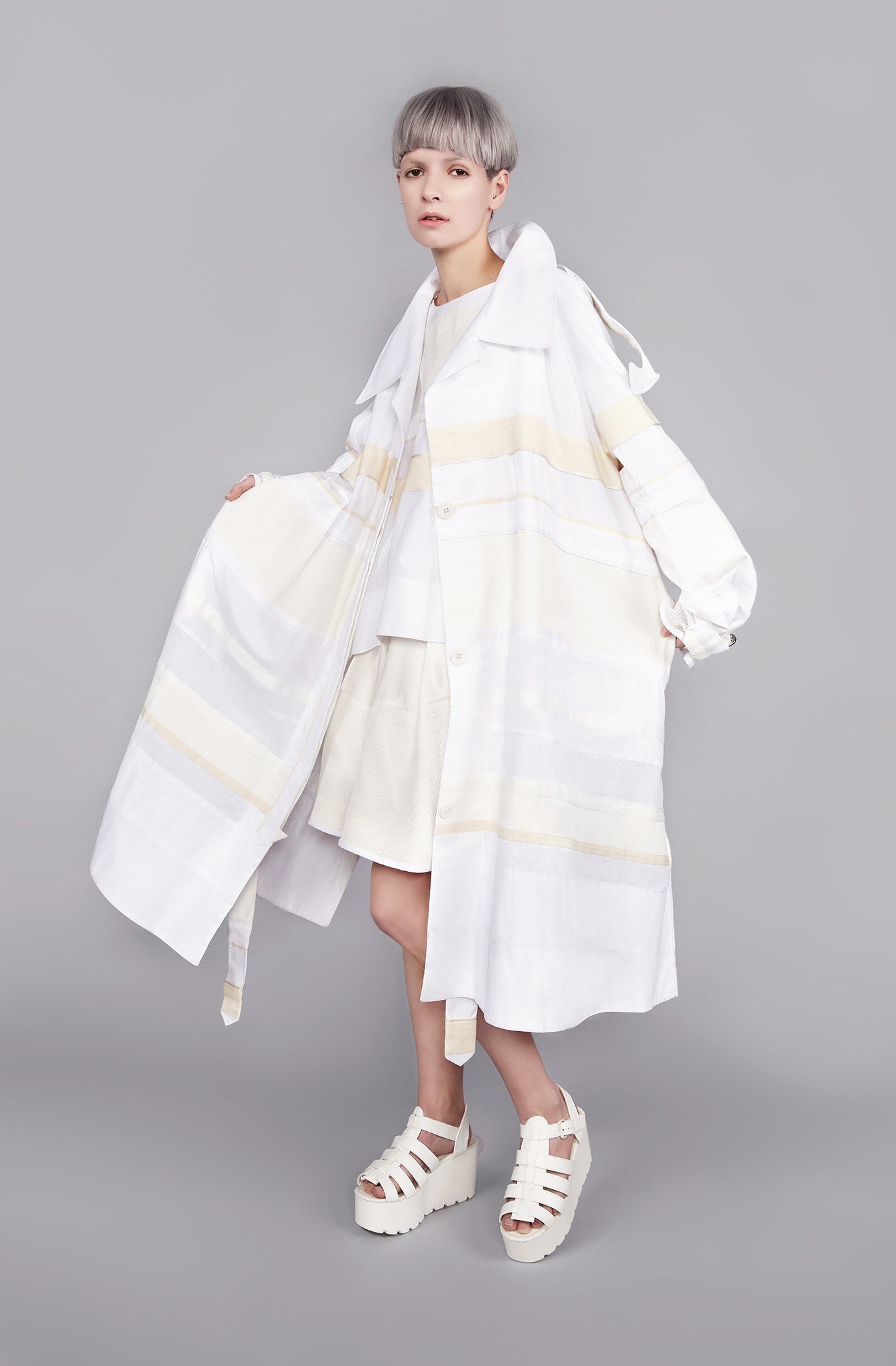 White and Cream Mixed Textile "Morrison" Trench Coat