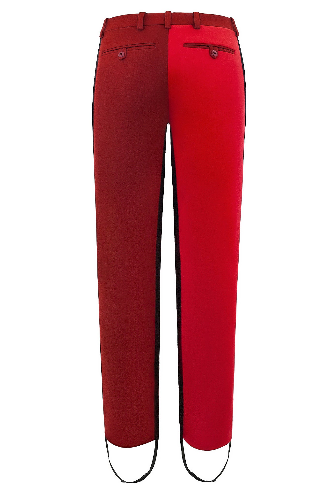 Cimone's “Pipe” trouser has a neat, slim, straight leg. Fabricated in two-tone red wool with a black side stripe extending into a stirrup. Worn on the AW17 catwalk at London Fashion Week with our Dietrich fitted jacket for an unusual elegant suit.