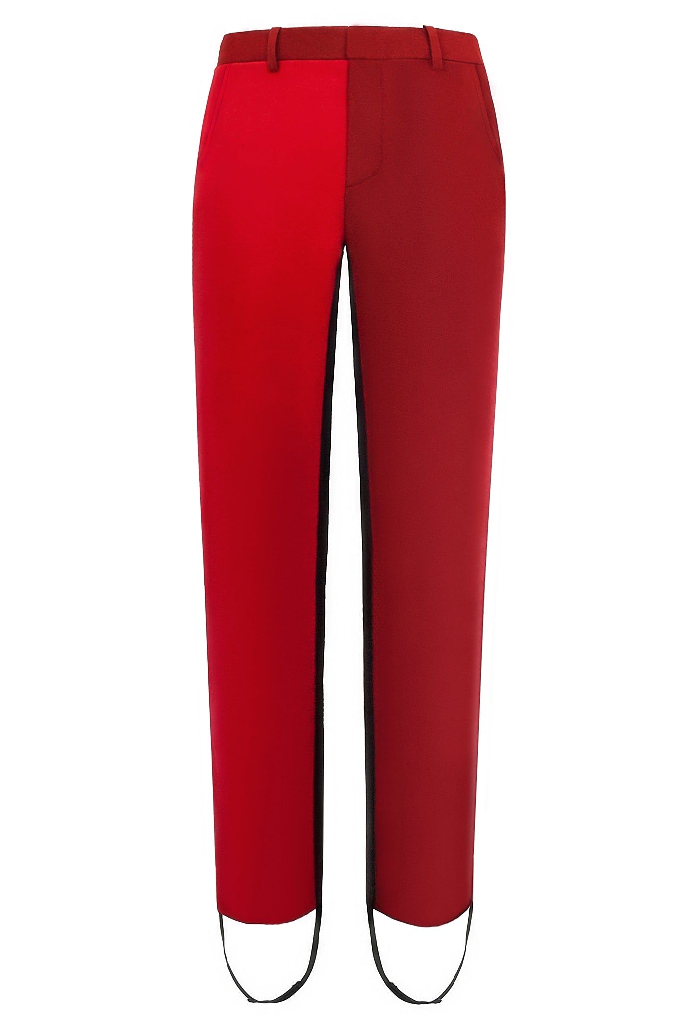 Cimone's “Pipe” trouser has a neat, slim, straight leg. Fabricated in two-tone red wool with a black side stripe extending into a stirrup. Worn on the AW17 catwalk at London Fashion Week with our Dietrich fitted jacket for an unusual elegant suit.