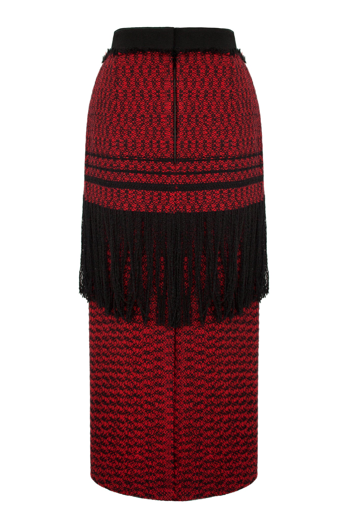 'Splinter' takes its name from the hand-manipulated fringed fabrication. The main body is composed of red and black flecked wool, with another layer of the same fabric applied at the top in long fringed variation.