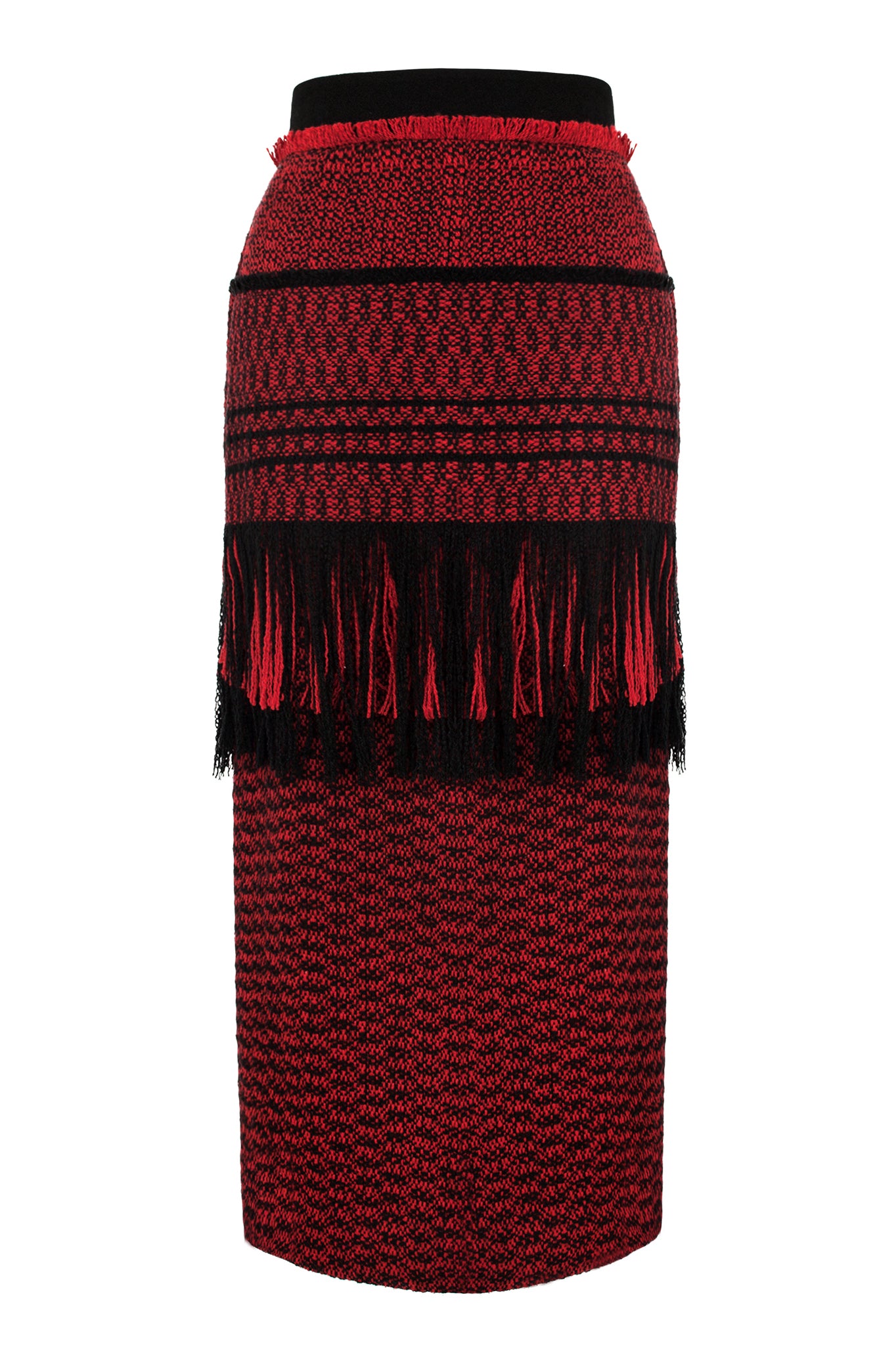 'Splinter' takes its name from the hand-manipulated fringed fabrication. The main body is composed of red and black flecked wool, with another layer of the same fabric applied at the top in long fringed variation.