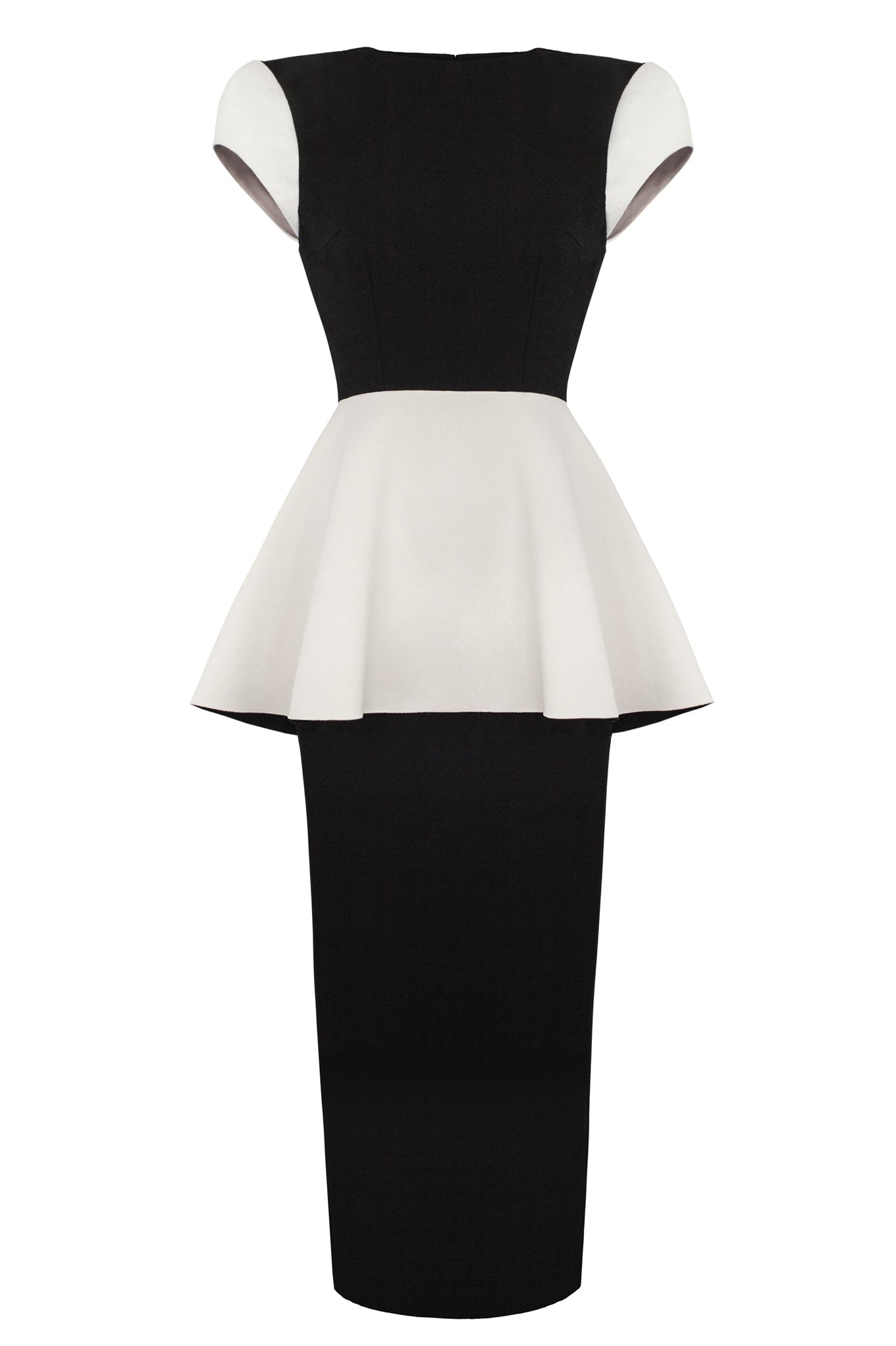 This tailored 'Spray' dress is semi-fitted and slimline to the ankle, with an elongated back vent split. Featuring a capped sleeve and angled beige peplum.