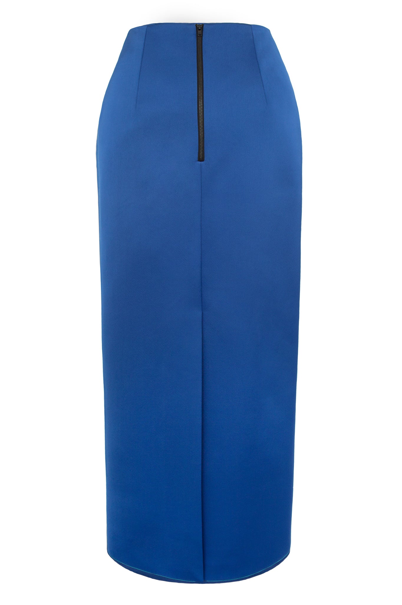 A simple, staple piece. This long-line ¾ length pencil skirt has a straight fit.  Fitted at the waist, with a minimal and clean look  Fabricated here in blue satin on a bonded wool base, this is the perfect skirt for a cold winter night.  Featuring a metal centre back zip to close, with an elongated vent to finish.  As seen on our runway - Why not team it with with our “Dash” shirt, our “Extra” coat and “Block” collar piece, for the absolute statement look?