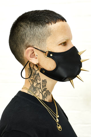 Gold studded black leather face mask