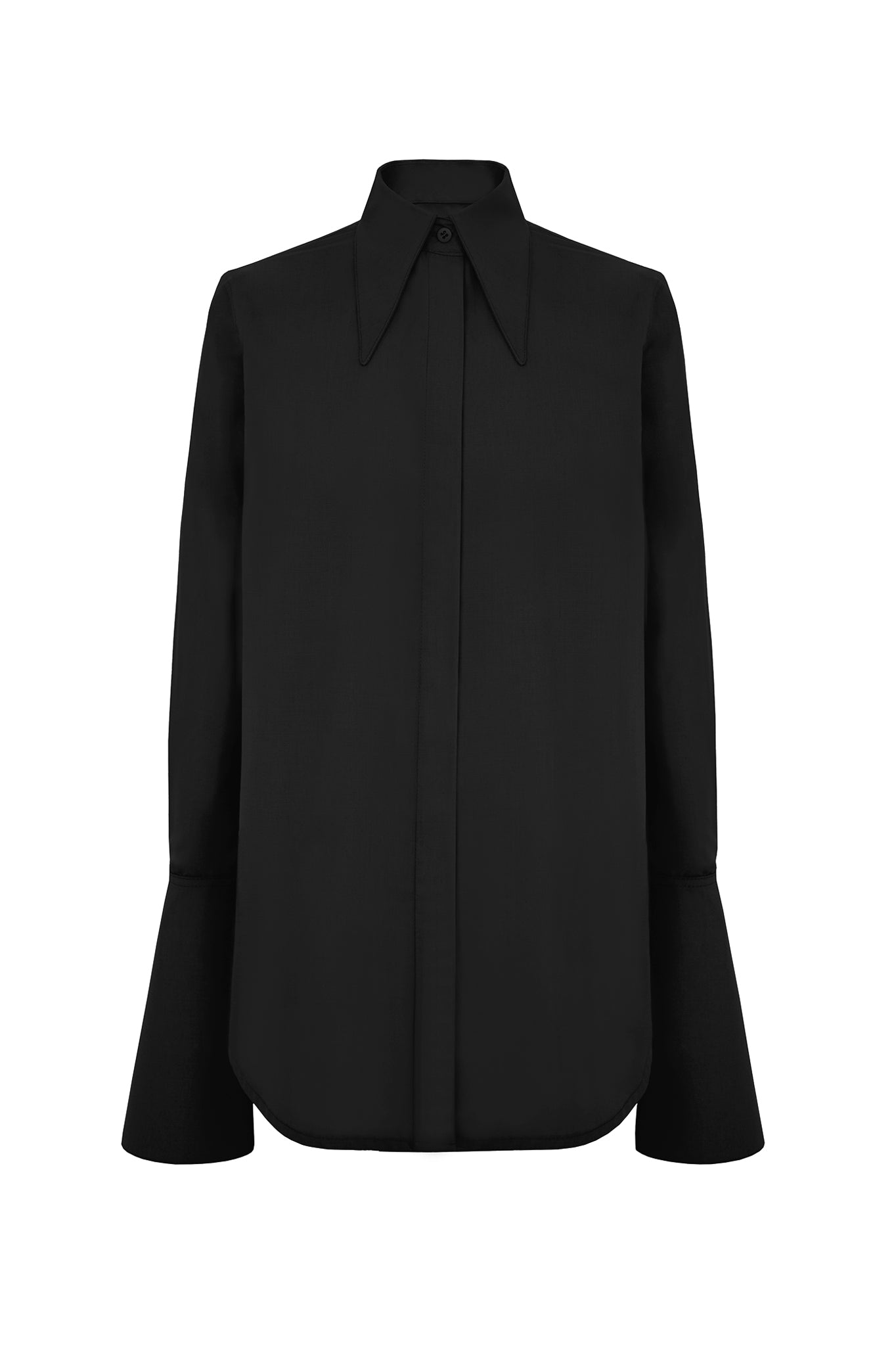 A modern twist on a classic, this sharp black shirt features an unusual elongated collar and long, conical and graphic cuffs. First worn on the AW17 catwalk.