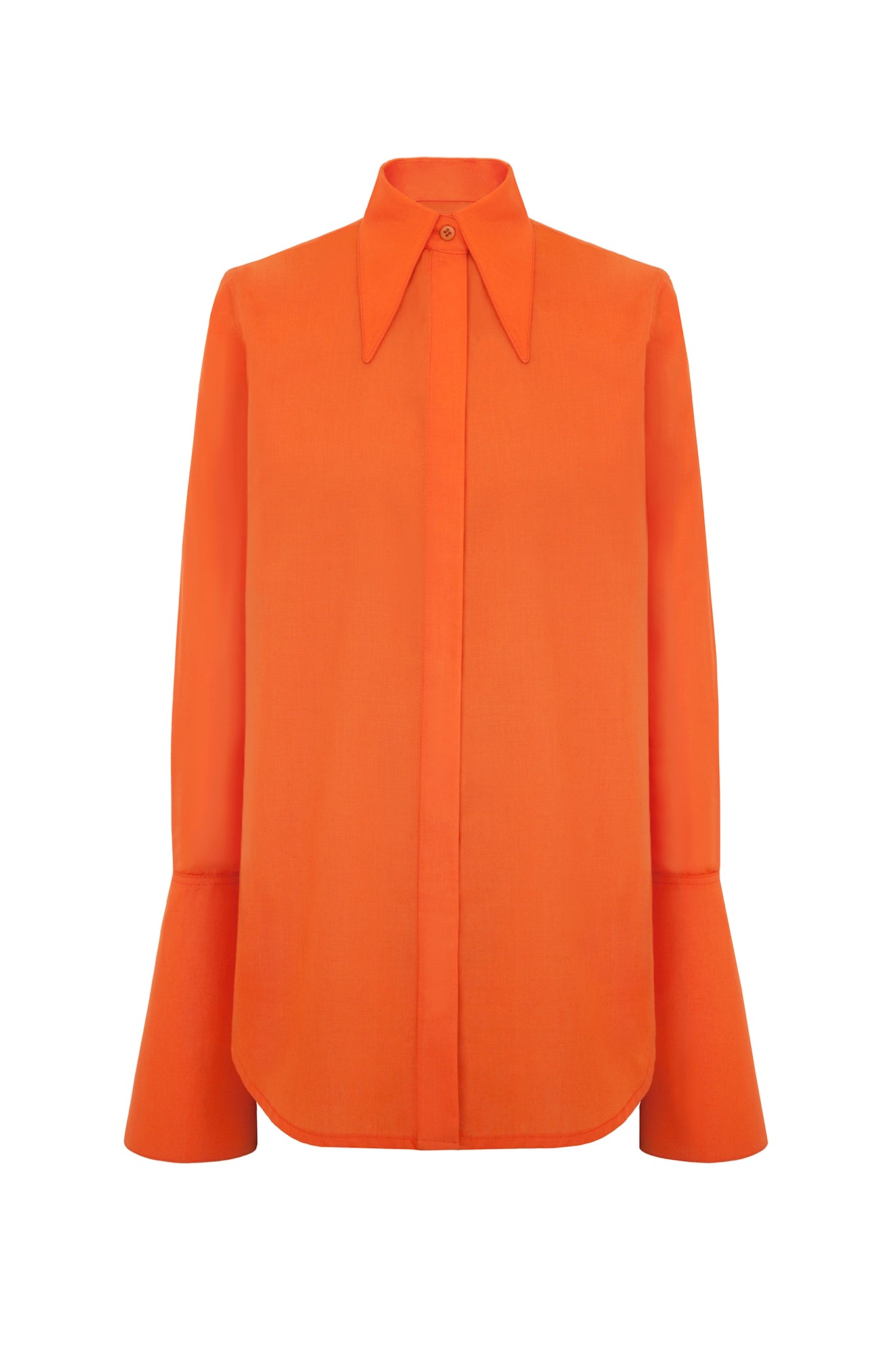 A modern twist on a classic, this orange shirt features an unusual elongated collar and long, conical and graphic cuffs. First worn on the AW17 catwalk.
