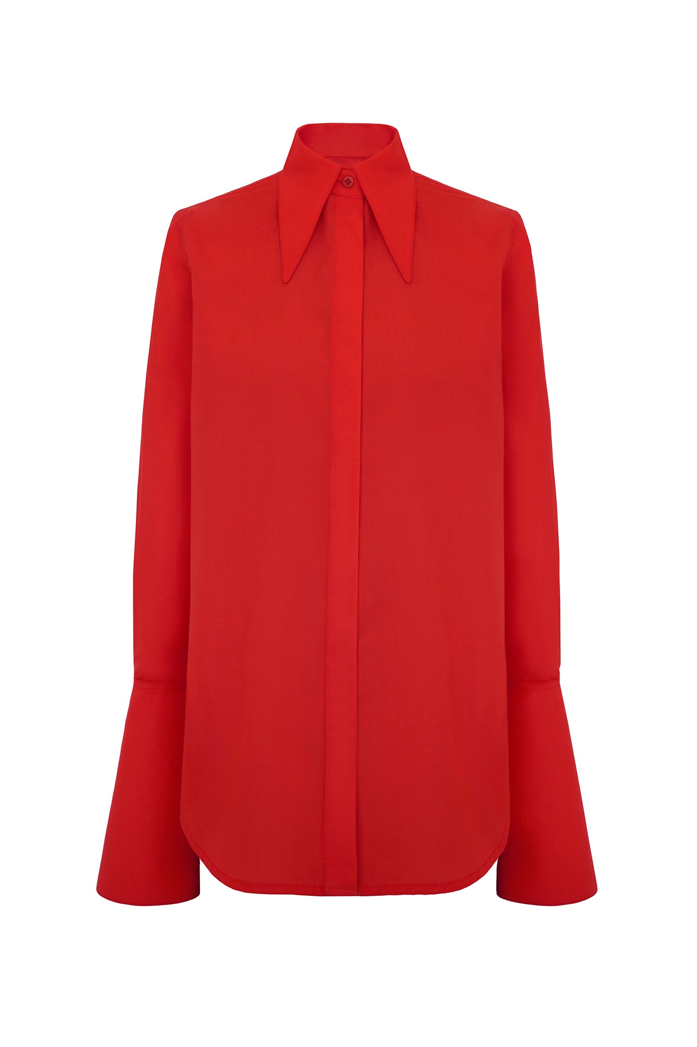A modern twist on a classic, this red shirt features an unusual elongated collar and long, conical and graphic cuffs. First worn on the AW17 catwalk.