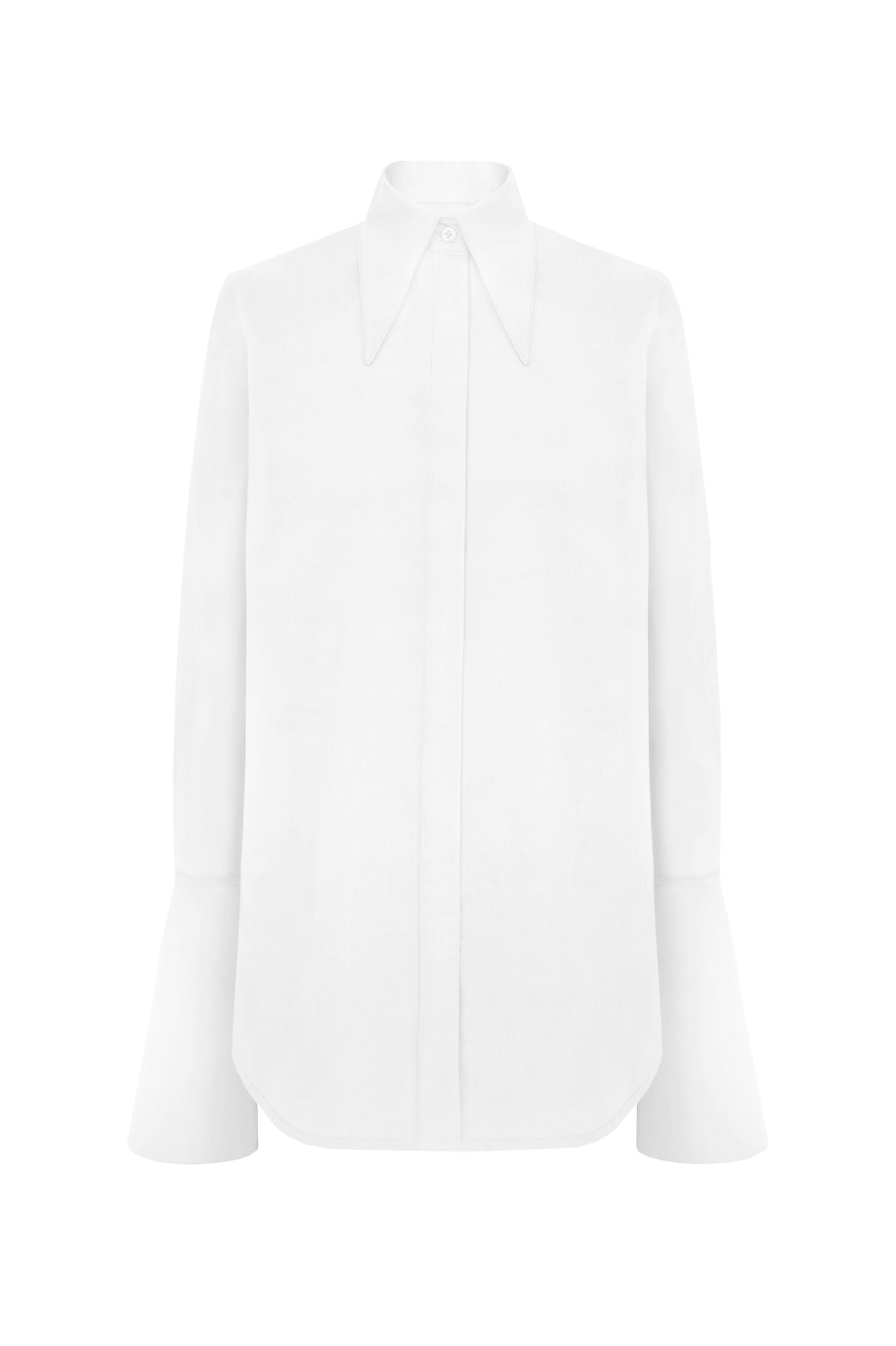 A modern twist on a classic, this crisp white shirt features an unusual elongated collar and long, conical and graphic cuffs. First worn on the AW17 catwalk.