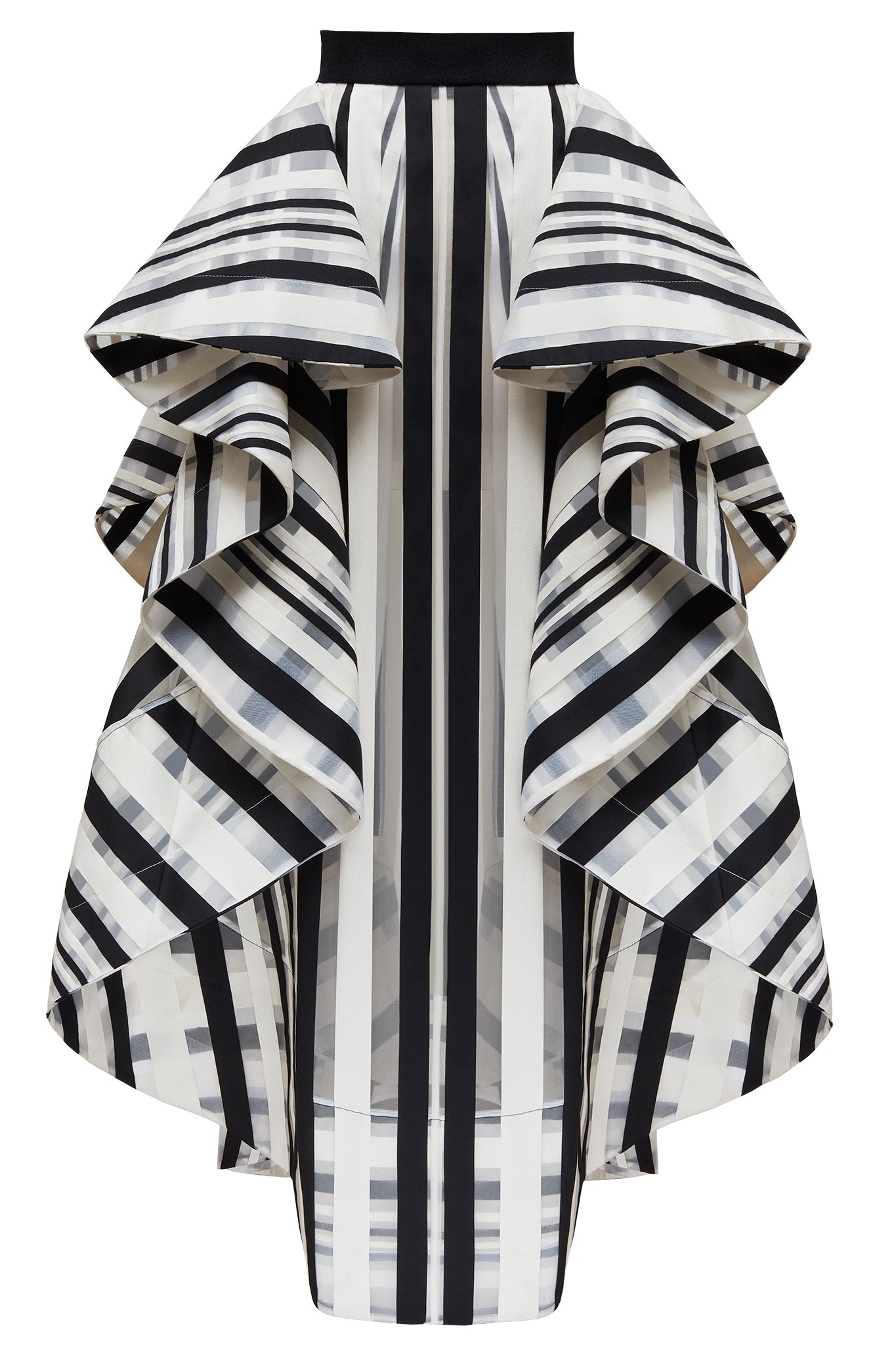 Our elegant day-to-night striped (in a lightweight technical fabric) “Shatter” skirt has free moving front and back panels. With a split side, these move independently casting an elegant shape and revealing a flash of underskirt or leg as the wearer walks. Shown as part of our AW17 catwalk collection.