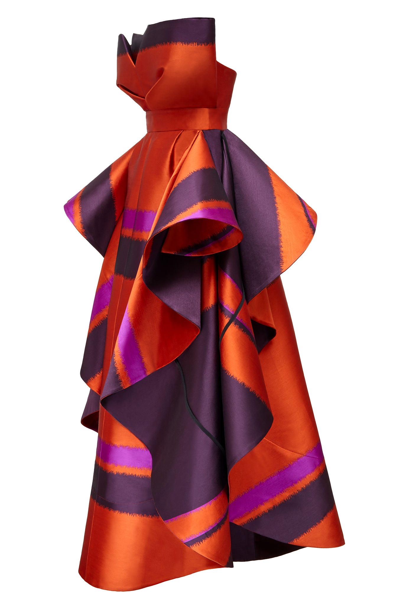 Another feature piece on our AW17 catwalk, this 'erupt' dress is fabricated here in a striped orange, pink and deep purple blended silk, this breathtaking evening / occasion dress is the perfect piece for any event if you want to stand out from the crowd.   Fitted at the waist, and comprising of an internal corset, the 3D drape at the front gives a sculptural element that balances perfectly with the dramatic sides.