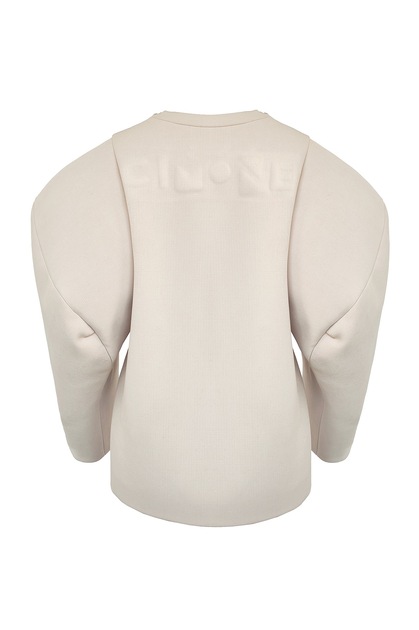 This casual sweatshirt-style top features gigantic exaggerated sleeves with an unusual dropped shoulder line. The colossal shoulders are enhanced by the clean nature of the body, and share the same sleeve construction as the “Extra” coat. The sleeves have been bonded in self, to give them a little more body and sumptuousness.  To close there is a zip in each of the shoulders. The inside is clean with bound seams to finish.  