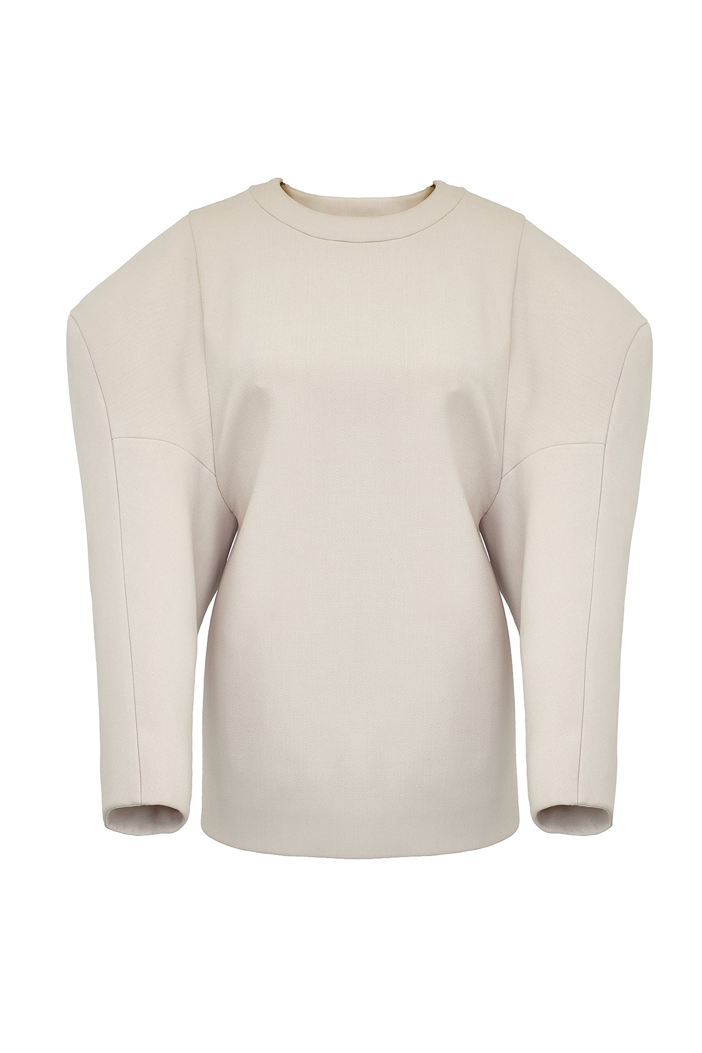 This casual sweatshirt-style top features gigantic exaggerated sleeves with an unusual dropped shoulder line. The colossal shoulders are enhanced by the clean nature of the body, and share the same sleeve construction as the “Extra” coat. The sleeves have been bonded in self, to give them a little more body and sumptuousness.  To close there is a zip in each of the shoulders. The inside is clean with bound seams to finish.  
