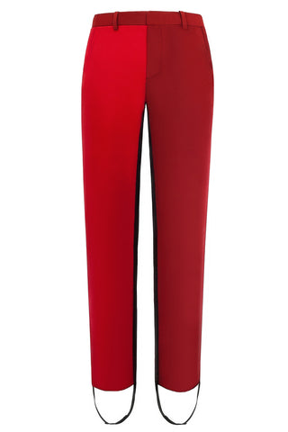 Cimone's “Pipe” trouser has a neat, slim, straight leg. Fabricated in two-tone red wool with a black side stripe extending into a stirrup. Worn on the AW17 catwalk at London Fashion Week with our Dietrich fitted jacket for an unusual elegant suit. 