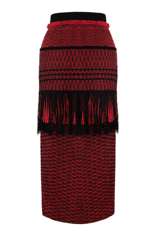 'Splinter' takes its name from the hand-manipulated fringed fabrication. The main body is composed of red and black flecked wool, with another layer of the same fabric applied at the top in long fringed variation.