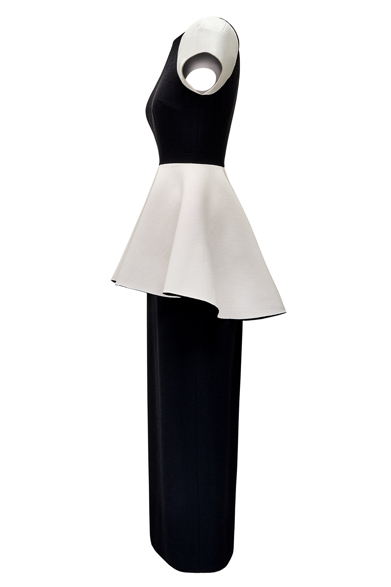 This tailored 'Spray' dress is semi-fitted and slimline to the ankle, with an elongated back vent split. Featuring a capped sleeve and angled beige peplum. 