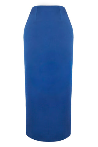 A simple, staple piece. This long-line ¾ length pencil skirt has a straight fit.  Fitted at the waist, with a minimal and clean look  Fabricated here in blue satin on a bonded wool base, this is the perfect skirt for a cold winter night.  Featuring a metal centre back zip to close, with an elongated vent to finish.  As seen on our runway - Why not team it with with our “Dash” shirt, our “Extra” coat and “Block” collar piece, for the absolute statement look?