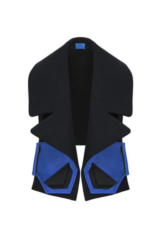 Black Wool and Blue Satin "Block with pockets" Collar Piece